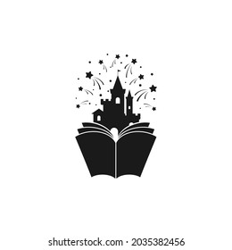 Open book with castle and stars or fireworks flying out. Isolated on white background. Flat icon. Vector illustration. Magic, creative reading logo. Fairytale pictogram. Book for kids.