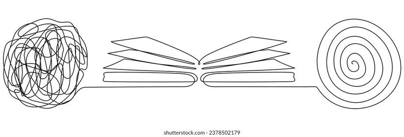 Open book with chaos and mess circle continuous one line drawn. Problem solution symbol. Vector illustration isolated on white.