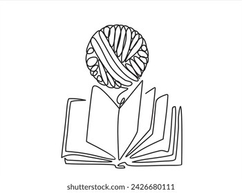 Open book with chaos and mess circle continuous one line drawn. Problem solution symbol. Vector illustration isolated on white.