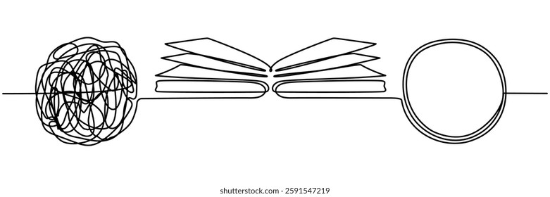 Open book with chaos and mess circles continuous line drawn. Problem solution symbol. Education concept. Wisdom sign. Vector illustration isolated on white.