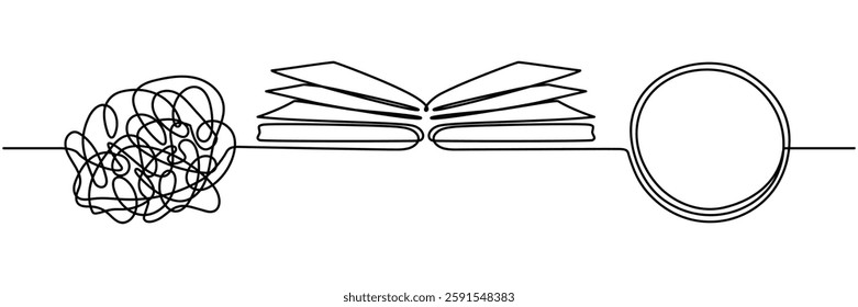 Open book with chaos and mess circles continuous line drawn. Problem solution symbol. Education concept. Wisdom sign. Vector illustration isolated on white.