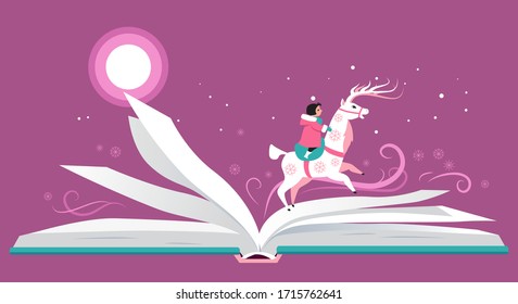 Open book with a character riding a reindeer across it's pages,  EPS 8 vector illustration