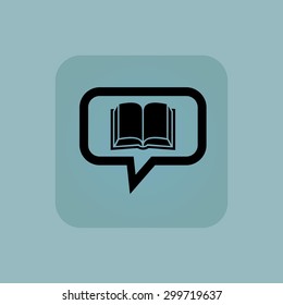 Open book in chat bubble, in square, on pale blue background