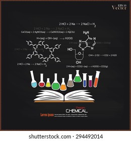 open book with Chemical formulas written on chalkboard.chemical on chalkboard.chemical concept.vector illustration.


