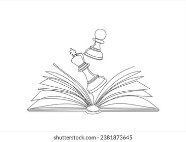 Open book and chess, continuous line vector illustration. one line vector drawing of a book and a chess. Black and white hand drawn image.