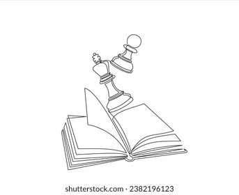 Open book and chess, continuous line vector illustration. one line vector drawing of a book and a chess. Black and white hand drawn image.