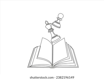 Open book and chess, continuous line vector illustration. one line vector drawing of a book and a chess. Black and white hand drawn image.