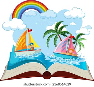 Open book with children enjoying summer at the beach illustration