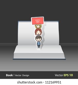 Open book with children over children holding a poster. Vector design. Pop-Up Illustration.