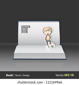 Open book with children playing football. Vector design. Pop-Up Illustration.
