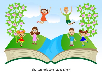 open book with children and summer landscape, vector illustration