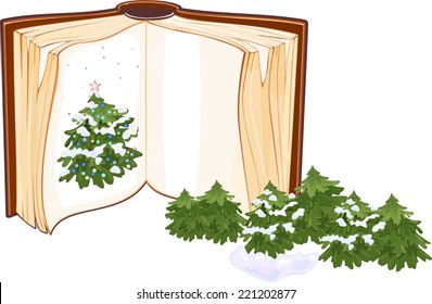Open book with a Christmas tree