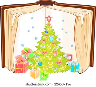Open book with a Christmas tree