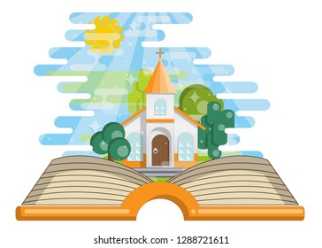 Open book and church. Isolated on white background. Vector illustration. 