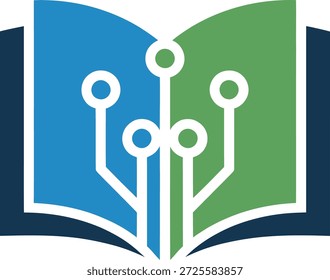 Libro abierto con diseño de placa de circuito y páginas verdes azules