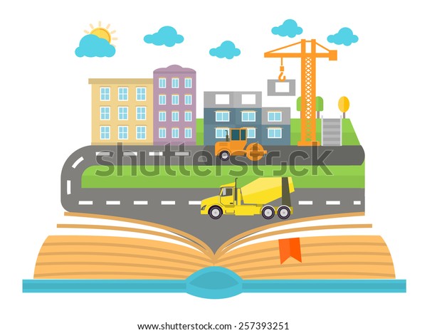 Open book with city on a\
white background. Concept in flat design. Car goes on the road in\
the city