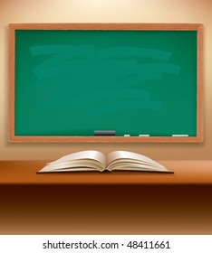 open book in classroom with chalkboard in background