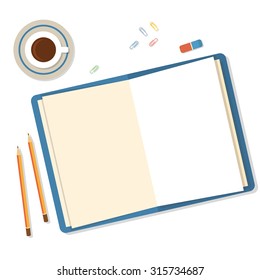 Open book with clean sheets, pencils and clips icolated on white background.Flat mockups for website design, infographics, web and mobile services and apps.