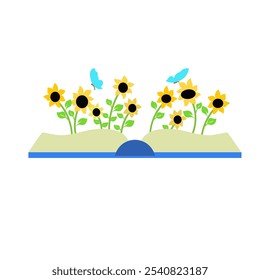 Open book clipart with sunflowers plants above graphic vector illustration