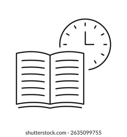 Open Book With Clock Line Icon. Time Management, Study Scheduling, And Reading Planning Outline Symbol. Educational Efficiency. Editable Stroke. Isolated Vector Illustration.
