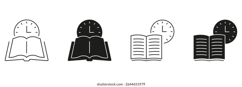 Abrir Livro Com Linha De Relógio E Conjunto De Ícones Sólidos. Gerenciamento De Tempo, Programação De Estudo E Coleção De Símbolos De Planejamento De Leitura. Conceito Educacional E De Produtividade. Ilustração de vetor isolada.