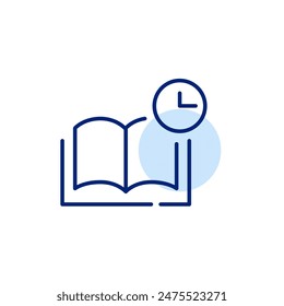 Open book and clock. Study sessions, time dedicated to learning. Importance of scheduling. Pixel perfect icon