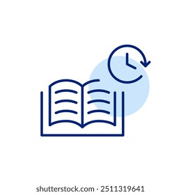 Abra livro e relógio. Atribuições cronometradas, prazo final para estudar. Pixel perfeito, ícone de traçado editável