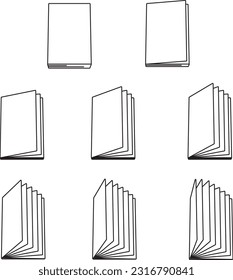 an open book. a closing book; illustrations of many pages of books