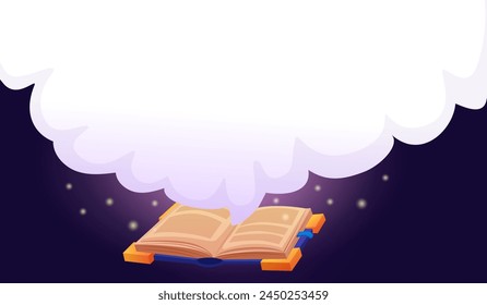 Open book with cloud background. Fantasy magic banner with white space in smoke. Wizard spell, witchcraft and fairytale nowaday vector poster