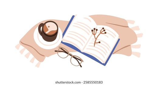 Open book, coffee cup, glasses on cozy warm blanket. Home mood with tea mug. Relaxing and peaceful reading time. Homey hygge comfort, leisure. Flat vector illustration isolated on white background