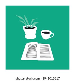 Open Book, Coffee Cup And A Plant. Cozy Reading. Paper Cutout Stylization