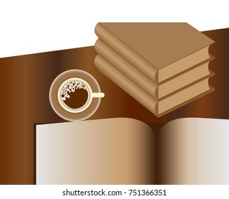 Open book and coffee cup in top view on table.