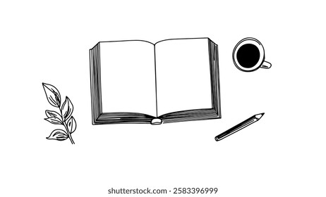 Open book coffee pencil leaves. Sketch simple line art. Perfect education, reading, or study blog. Black white minimalist top view flat lay design