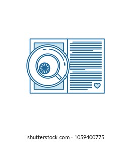 Open book and coffee or tea cup with heart symbols. I love reading concept for libraries, book stores, festivals, fairs and schools. Line icon. Vector illustration isolated on white.