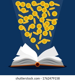 Open book and coins.Concept book to make money.Vector illustration