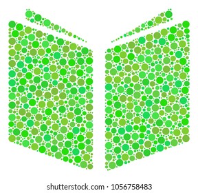 Open Book collage of filled circles in different sizes and ecological green color tints. Vector filled circles are combined into open book collage. Freshness design concept.