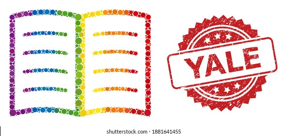 Open book collage icon of circle blots in different sizes and rainbow colored color tinges, and Yale unclean rosette stamp seal. A dotted LGBT-colored Open book for lesbians, gays, transgenders,