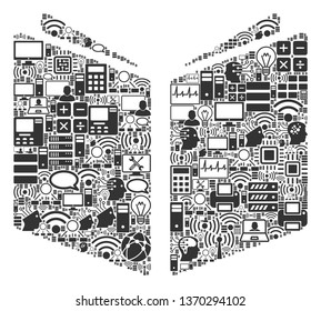 Open Book collage icon done for bigdata and computing illustrations. Vector open book mosaics are organized from computer, calculator, connections, wi-fi, network,