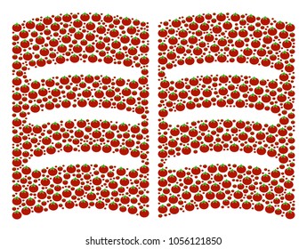 Open Book collage of tomato vegetables. Vector tomato objects are grouped into open book mosaic. Healthy vector design concept.