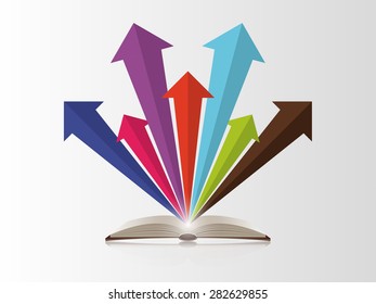 Open book with colorful arrows. Vector