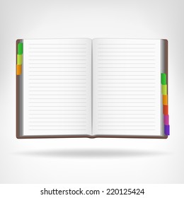 open book with colorful bookmarks aside isolated object vector illustration