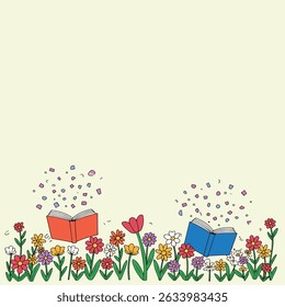 An open book with colorful confetti floating above it, surrounded by vibrant flowers against a light yellow background. 

