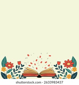 An open book with colorful confetti floating above it, surrounded by vibrant flowers against a light yellow background. 
