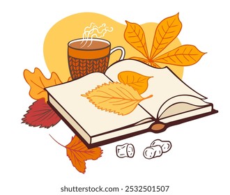 Libro abierto con hojas de otoño coloridas, una taza humeante de té y malvaviscos Pequeños. Perfecto para diseños o carteles acogedores y de temporada