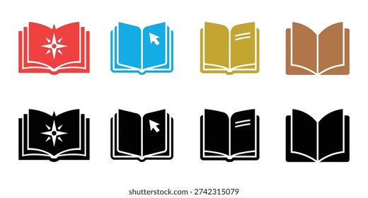 Open book with compass and cursor symbols in various colors