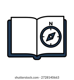 Open book with compass on right page navigation symbol blank left page dark blue cover simple illustration educational concept adventure theme travel guide vector graphic