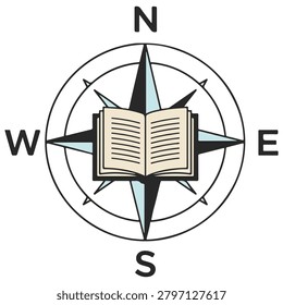 Open book with compass rose design, vintage navigation and education symbol, vector illustration