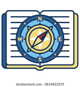 Open book with compass rose icon, navigation and education concept illustration