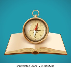 Open book with a compass at the top. Vector illustration