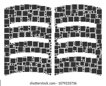 Open Book composition icon of rectangles and spheric dots in variable sizes. Vector objects are formed into open book illustration design concept.